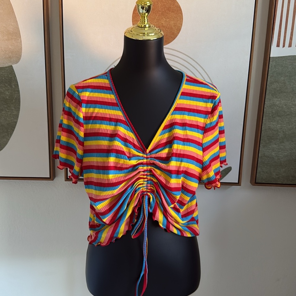 ✨Orange and Pink Crop Rainbow Blouse with Tie Front